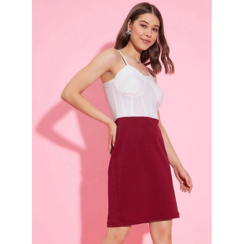 Vaystra Polyester Lycra Color Blocking Shoulder Straps Dress – White-Maroon