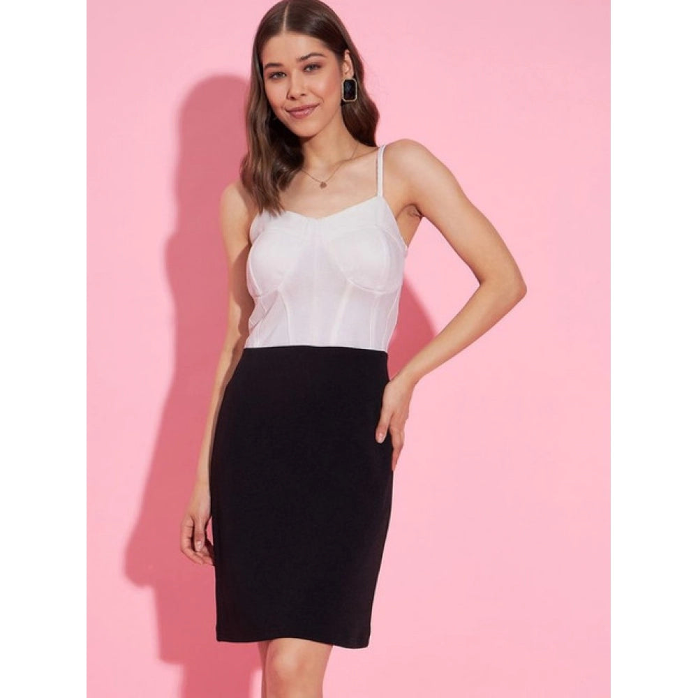 Vaystra Polyester Lycra Color Blocking Shoulder Straps Dress – White-Black