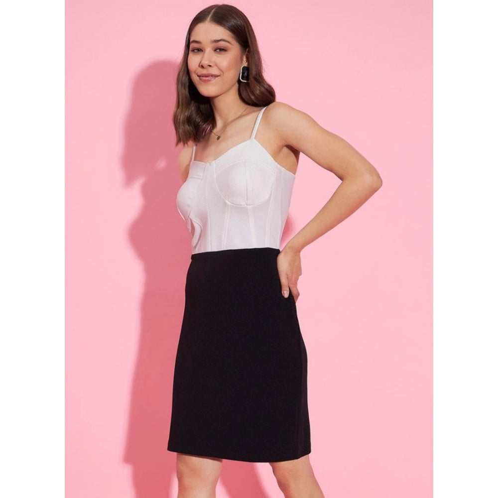 Vaystra Polyester Lycra Color Blocking Shoulder Straps Dress – White-Black