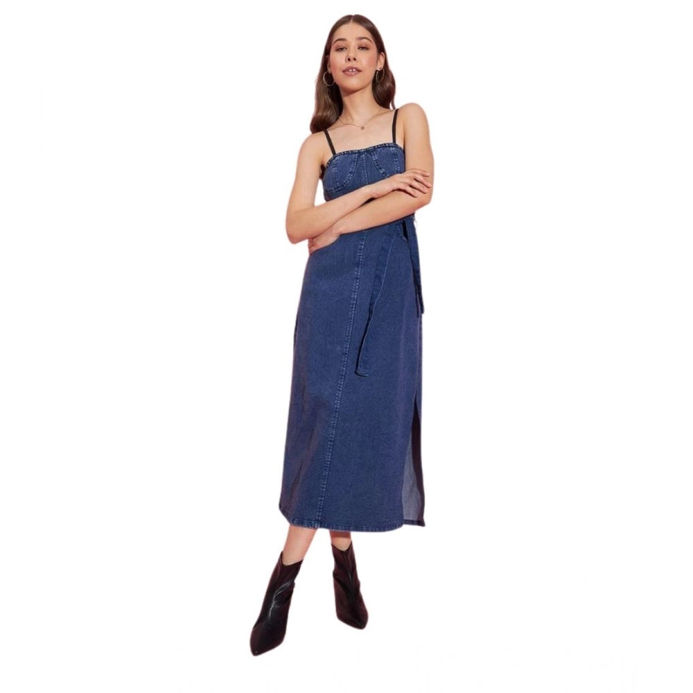 Vaystra Denim Solid Shoulder Straps Dress – Blue