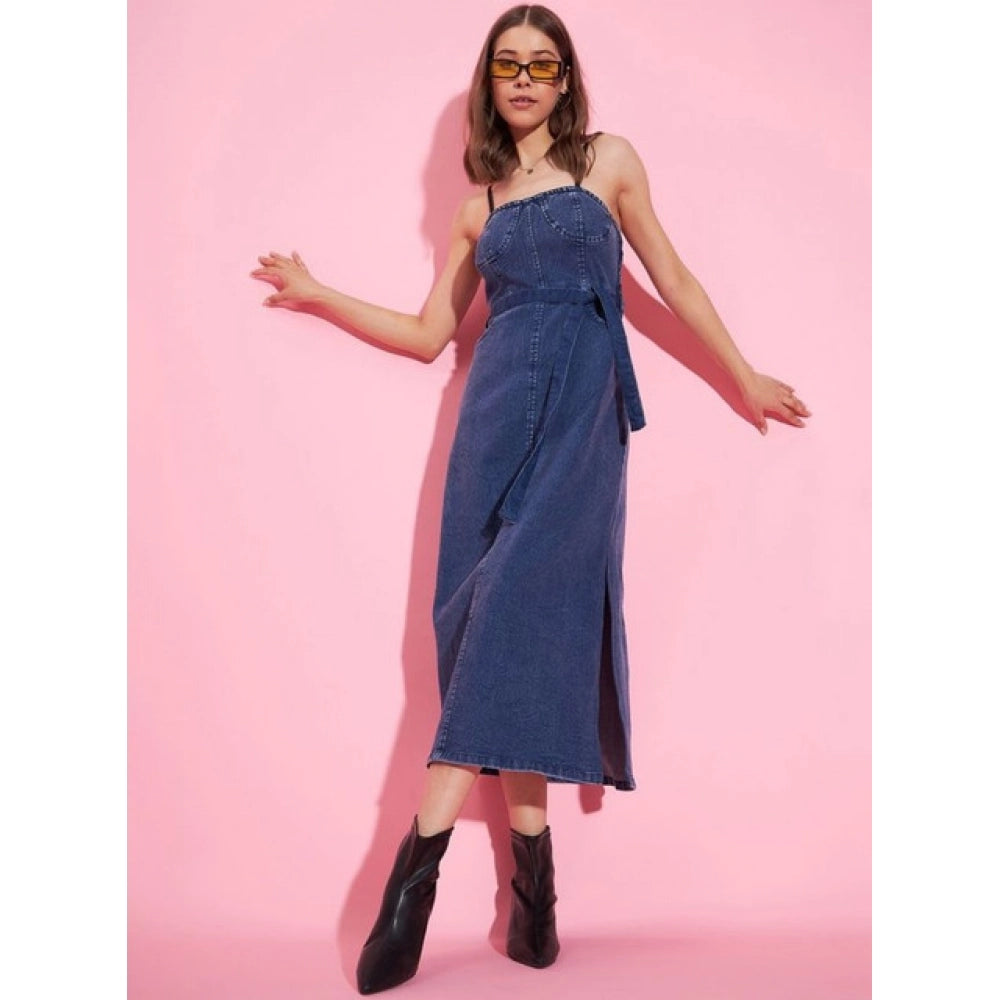 Vaystra Denim Solid Shoulder Straps Dress – Blue