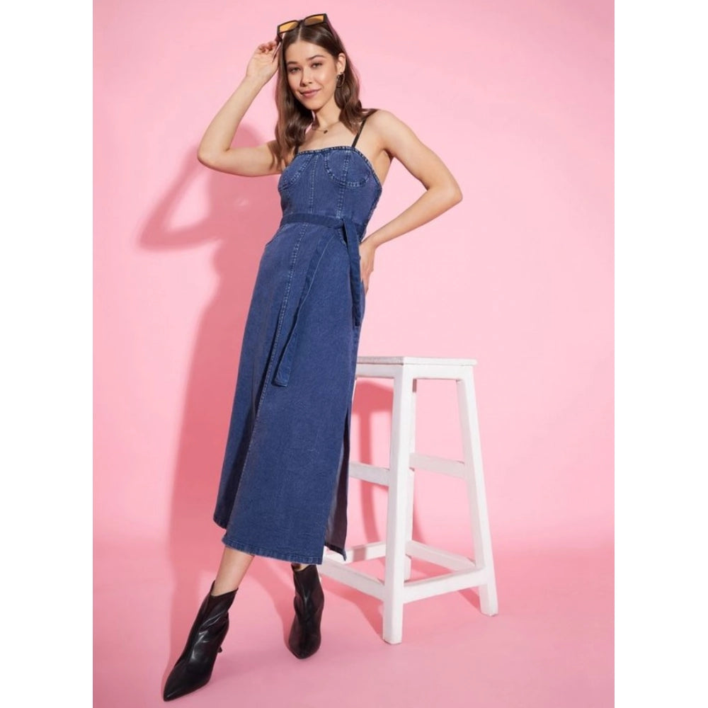 Vaystra Denim Solid Shoulder Straps Dress – Blue