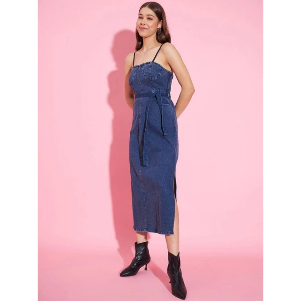 Vaystra Denim Solid Shoulder Straps Dress – Blue