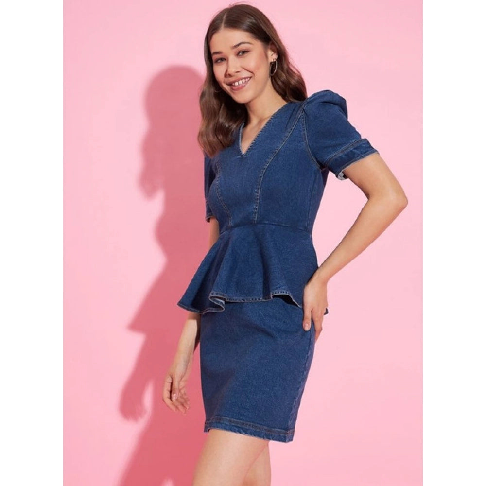 Vaystra Denim Solid Puff Sleeves Dress – Blue