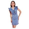 Vaystra Denim Solid Flutter Sleeve Dress – Blue