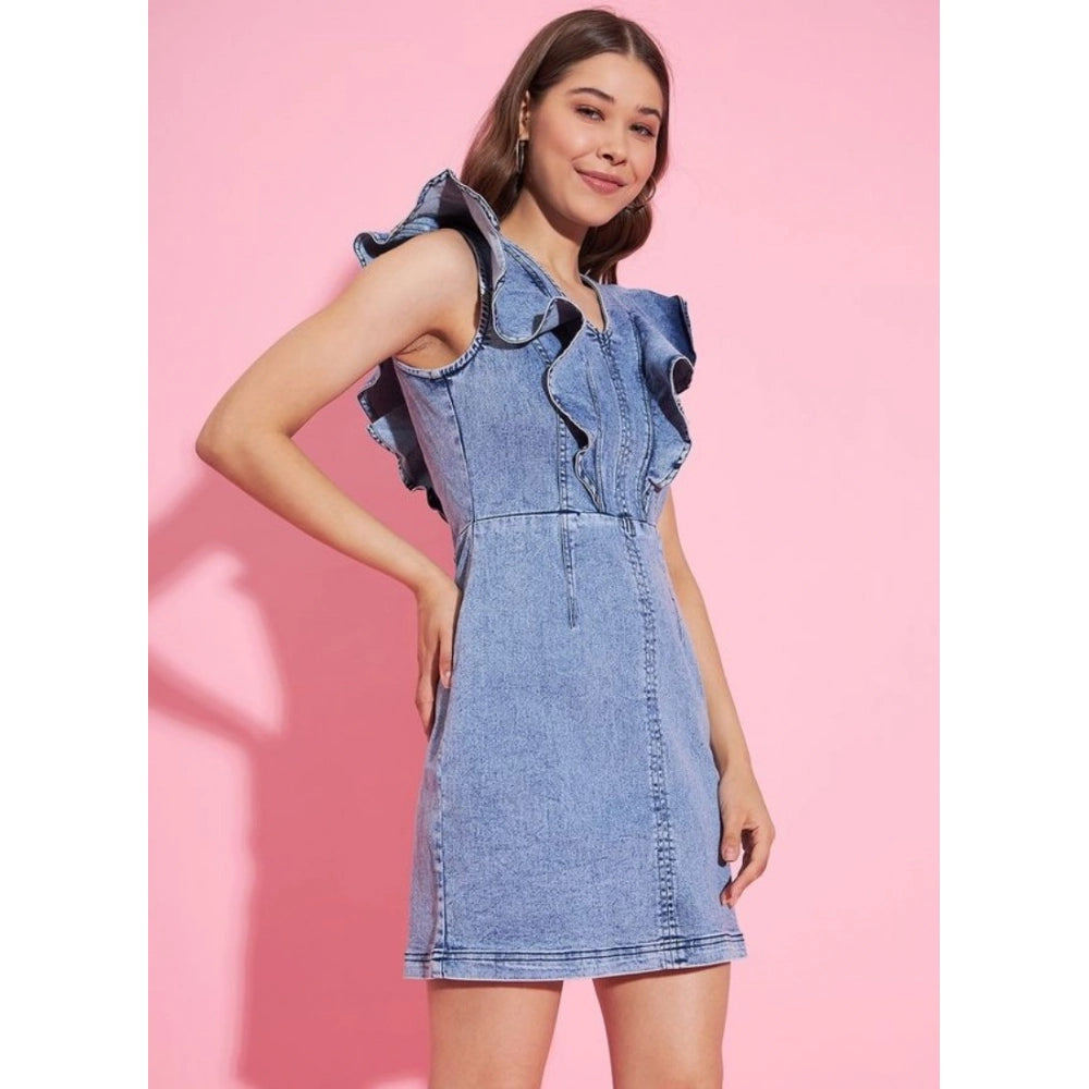 Vaystra Denim Solid Flutter Sleeve Dress – Blue