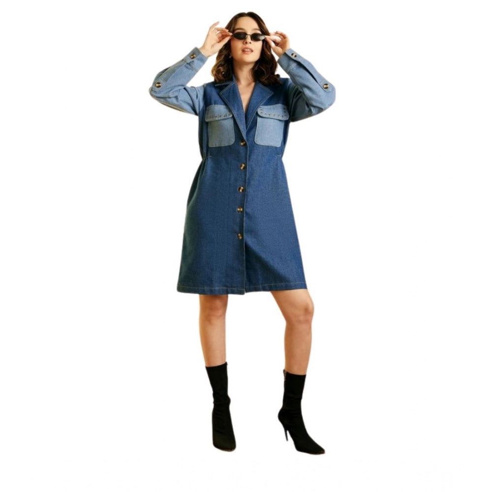 Vaystra Denim Color Blocking Roll Up Dress – Blue