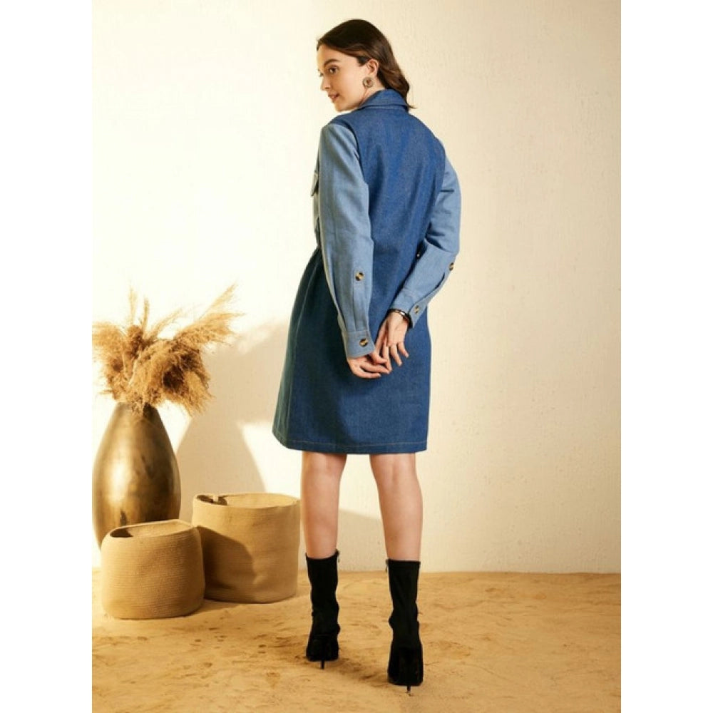 Vaystra Denim Color Blocking Roll Up Dress – Blue