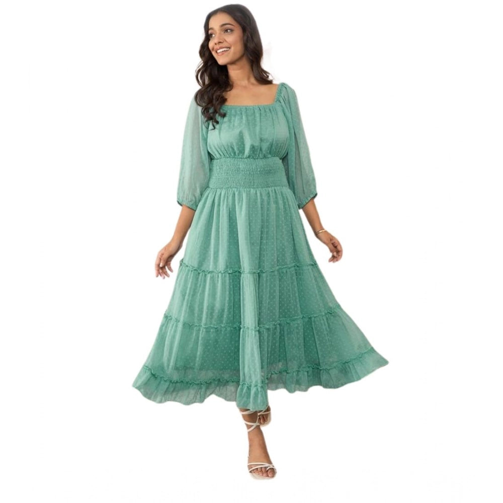 Vaystra Chiffon Solid Puff Sleeve Dress – Green