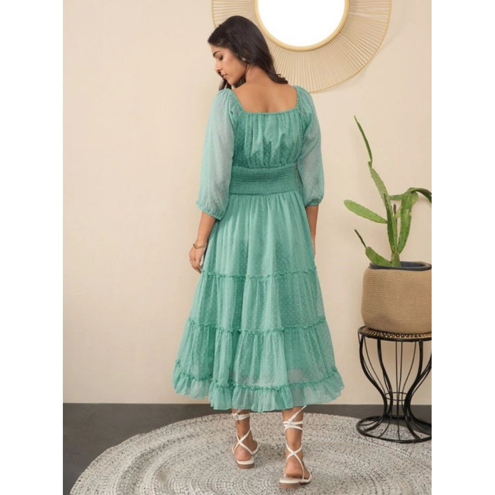 Vaystra Chiffon Solid Puff Sleeve Dress – Green