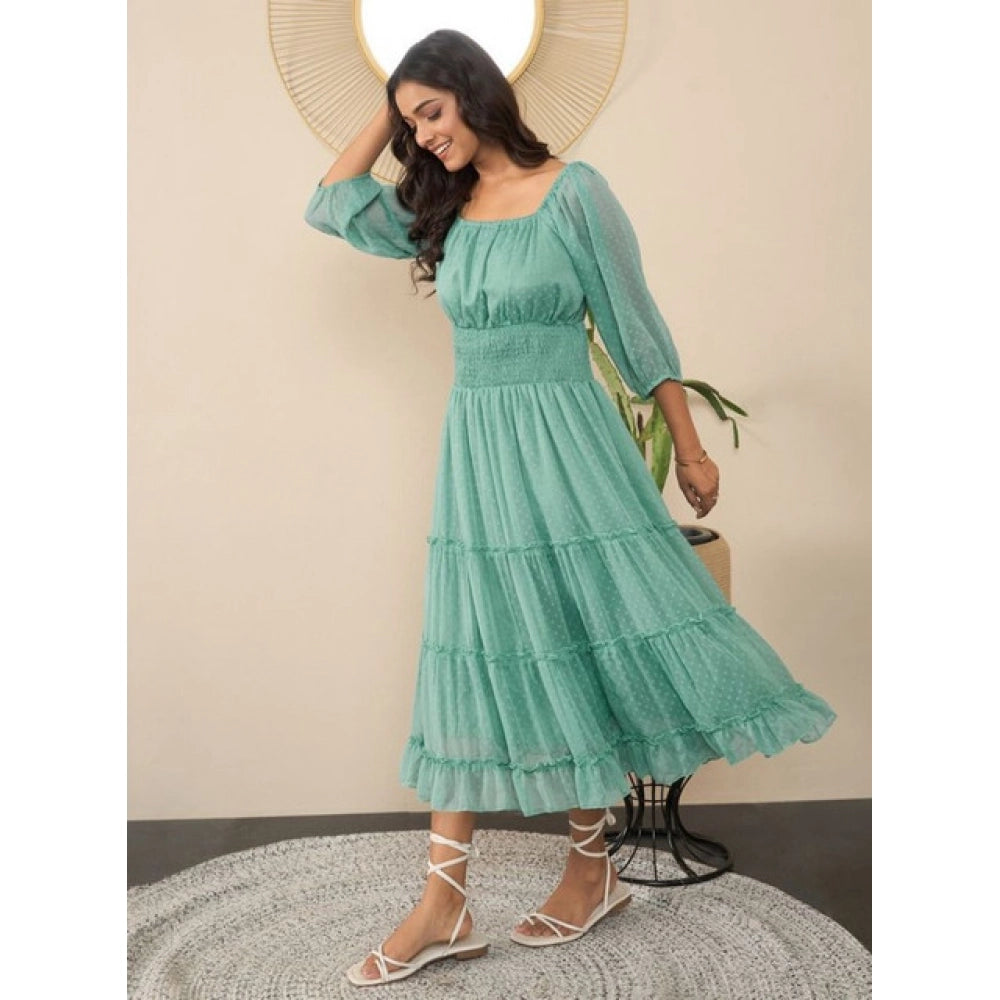 Vaystra Chiffon Solid Puff Sleeve Dress – Green