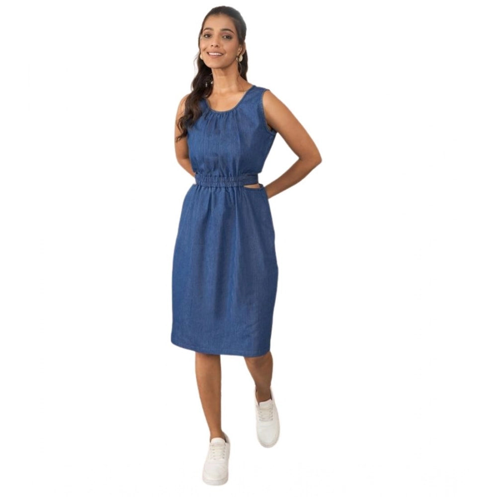 Vaystra Denim Solid Sleeveless Dress – Blue