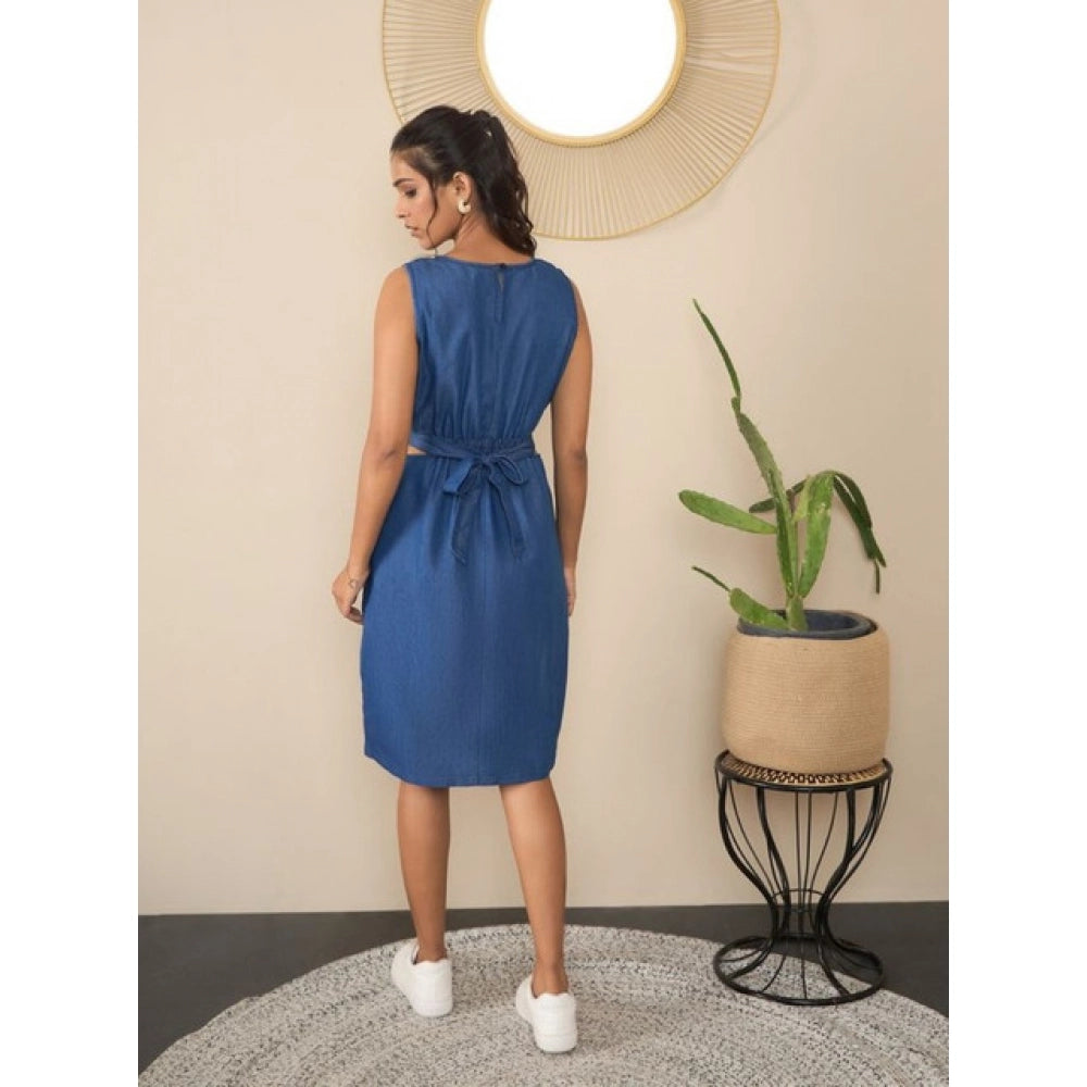 Vaystra Denim Solid Sleeveless Dress – Blue