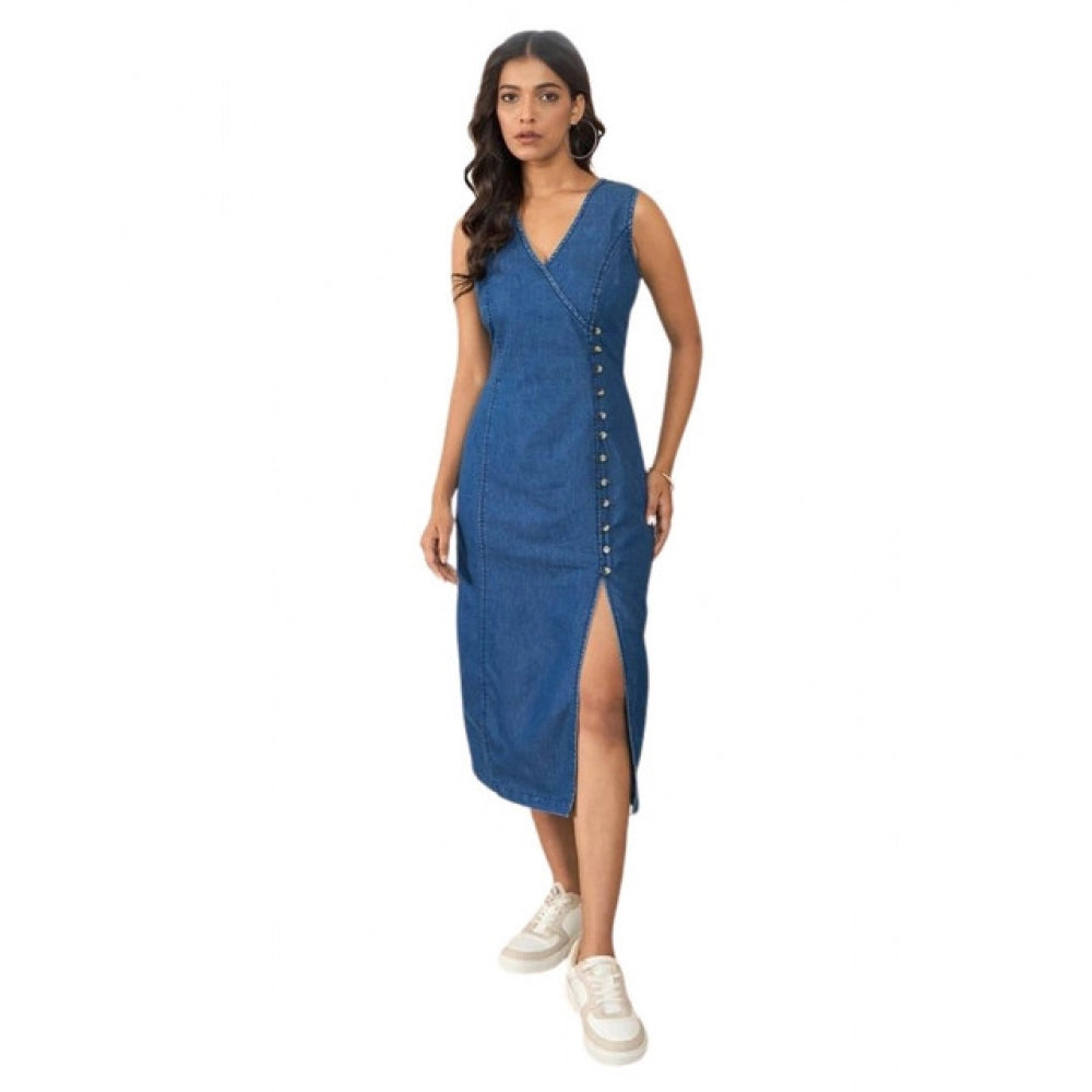 Vaystra Denim Solid Sleeveless Dress – Blue