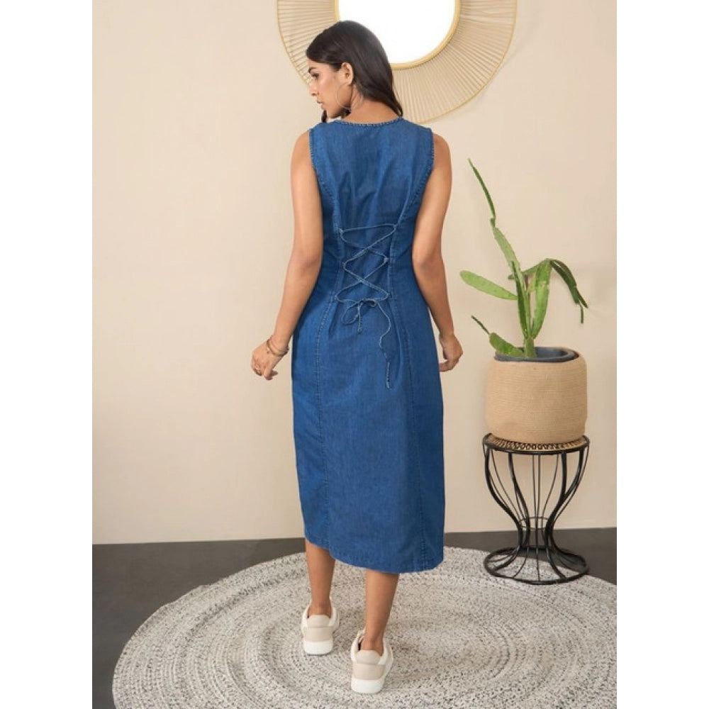 Vaystra Denim Solid Sleeveless Dress – Blue