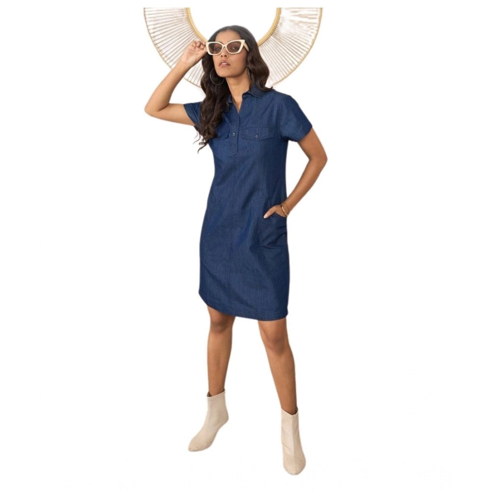 Vaystra Denim Solid Sleeveless Dress – Blue