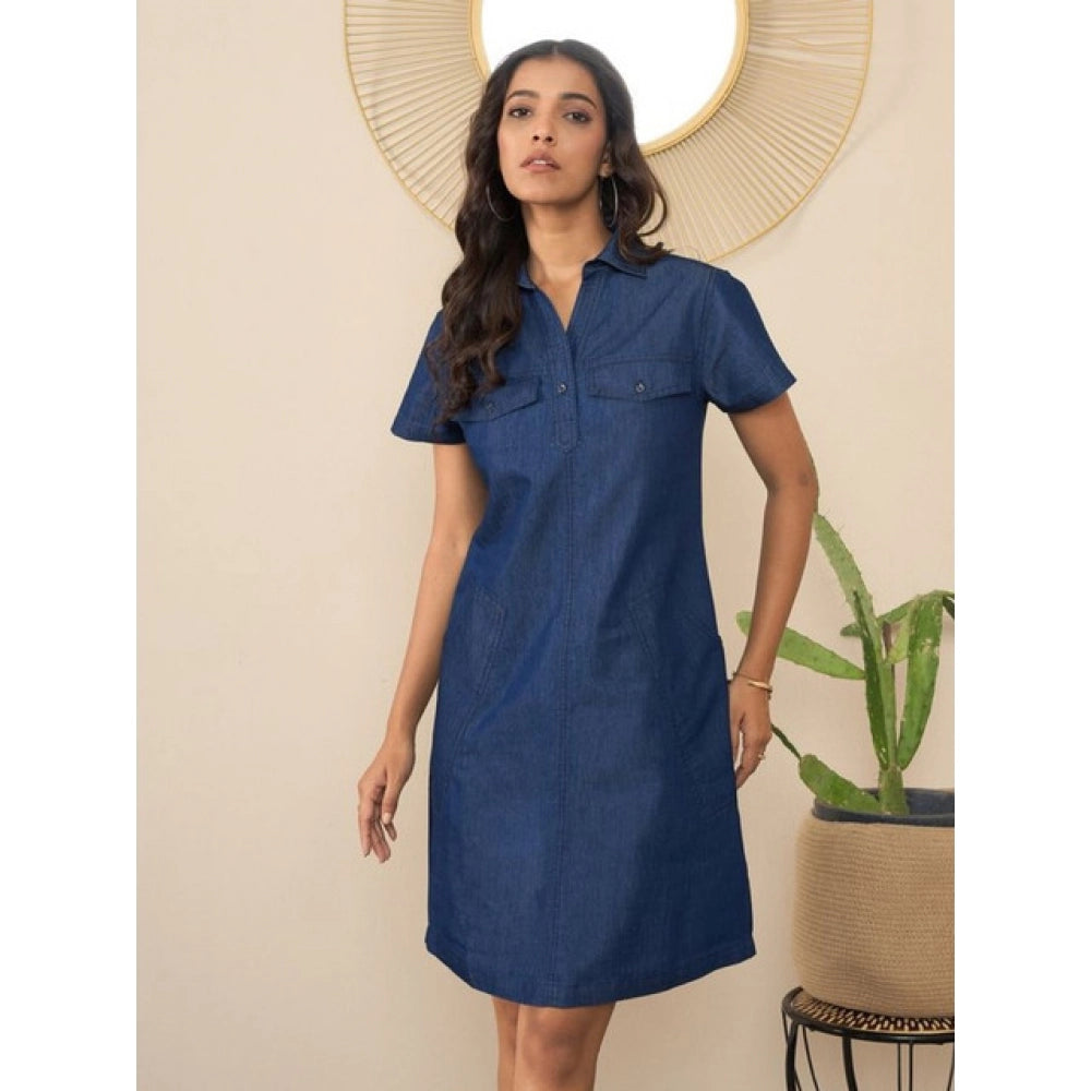 Vaystra Denim Solid Sleeveless Dress – Blue