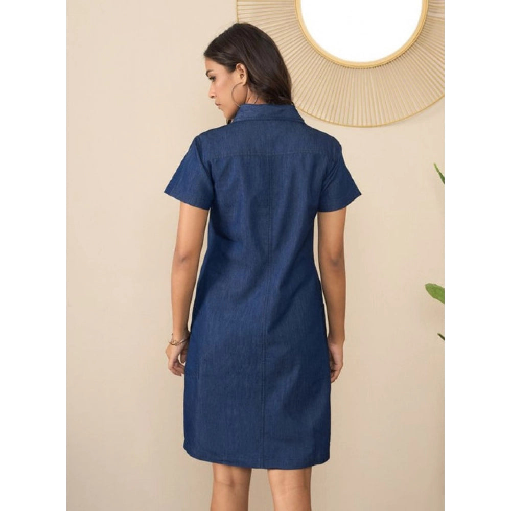 Vaystra Denim Solid Sleeveless Dress – Blue