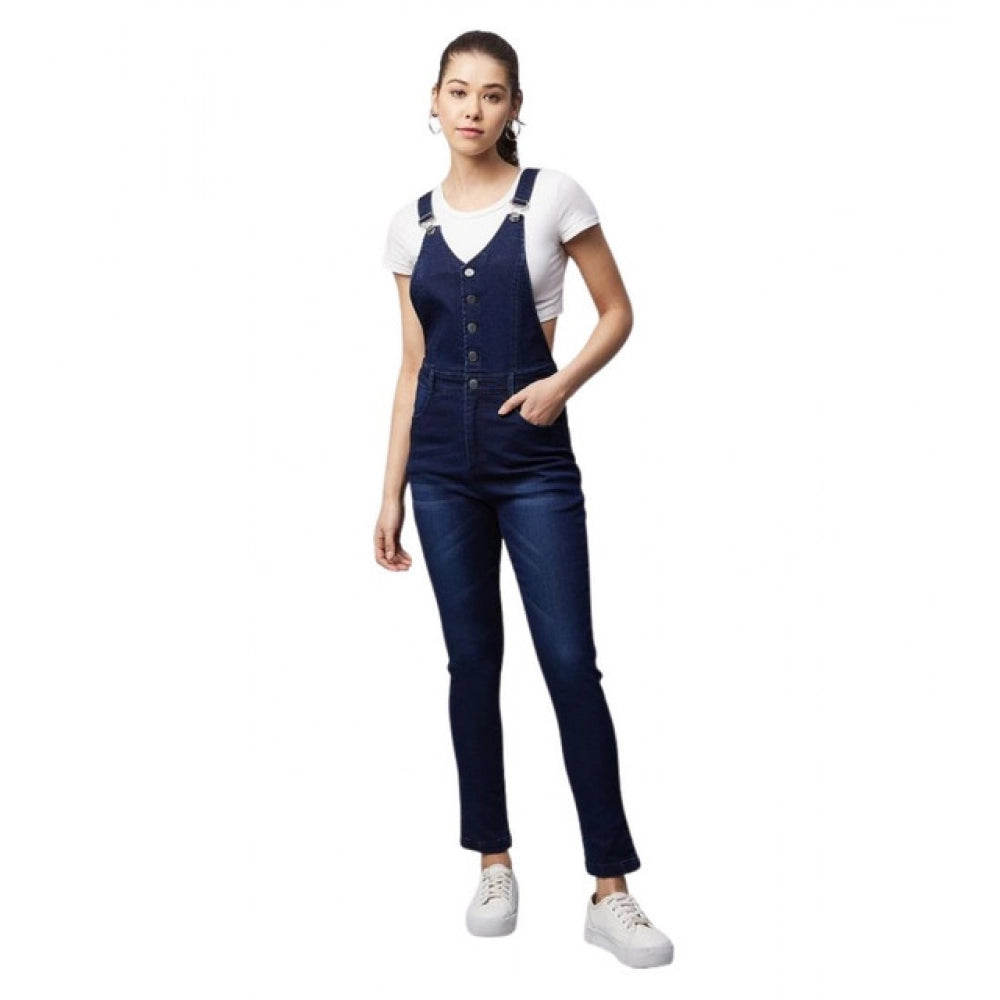 Vaystra Denim Lycra Solid Buttoned Dungaree – Navy