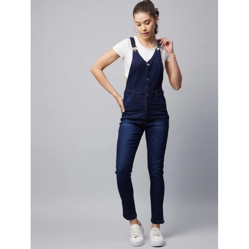 Vaystra Denim Lycra Solid Buttoned Dungaree – Navy