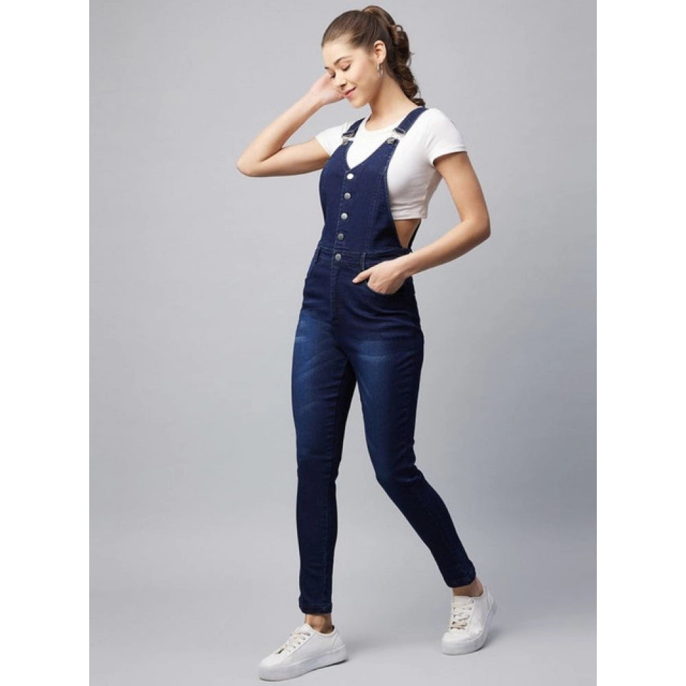 Vaystra Denim Lycra Solid Buttoned Dungaree – Navy