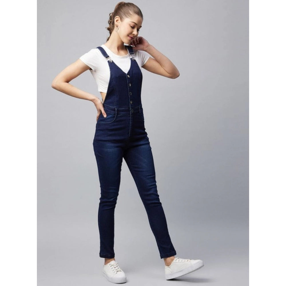 Vaystra Denim Lycra Solid Buttoned Dungaree – Navy