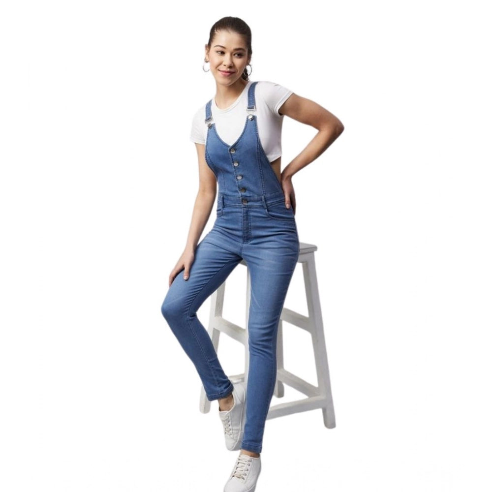 Vaystra Denim Lycra Solid Buttoned Dungaree – Ice Blue