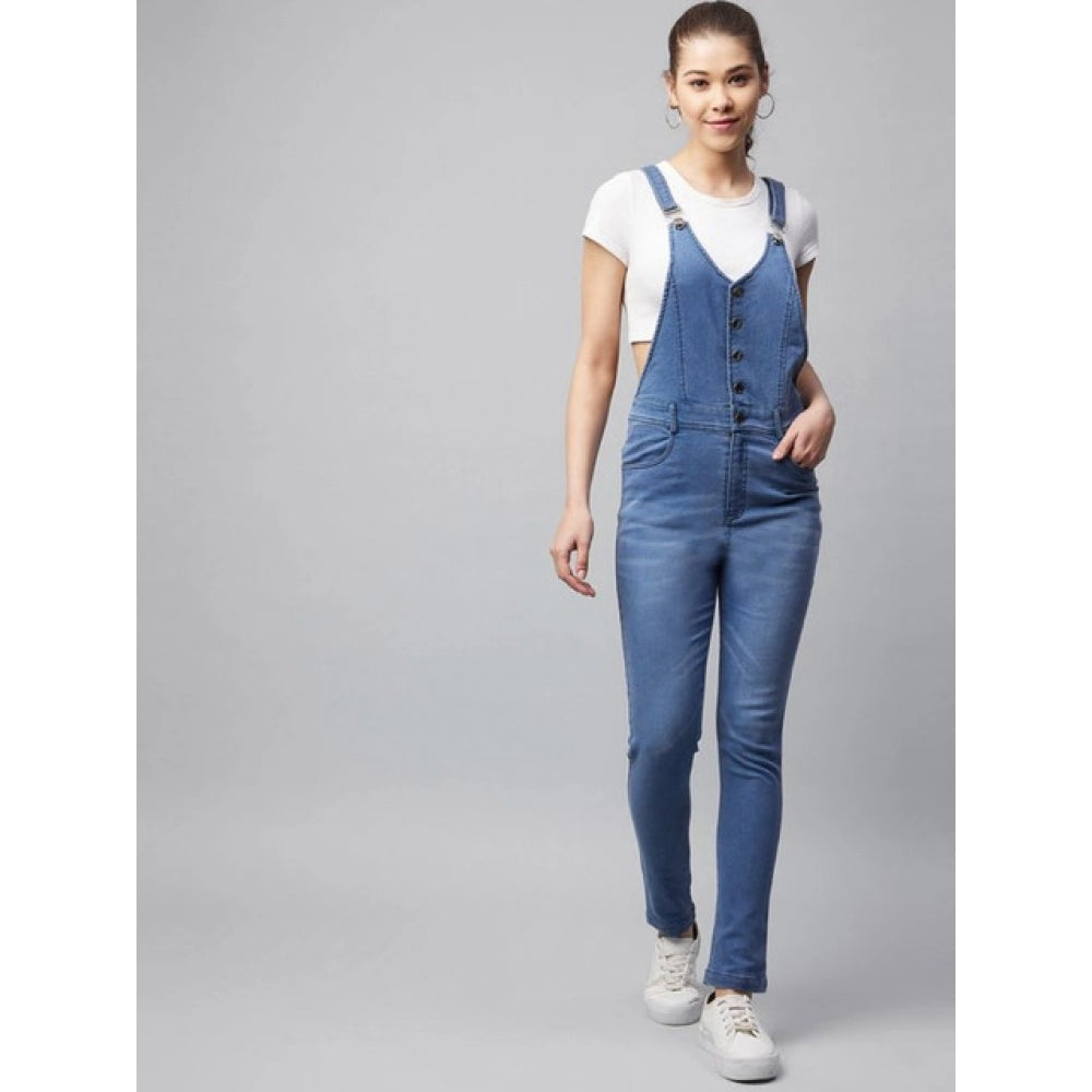Vaystra Denim Lycra Solid Buttoned Dungaree – Ice Blue