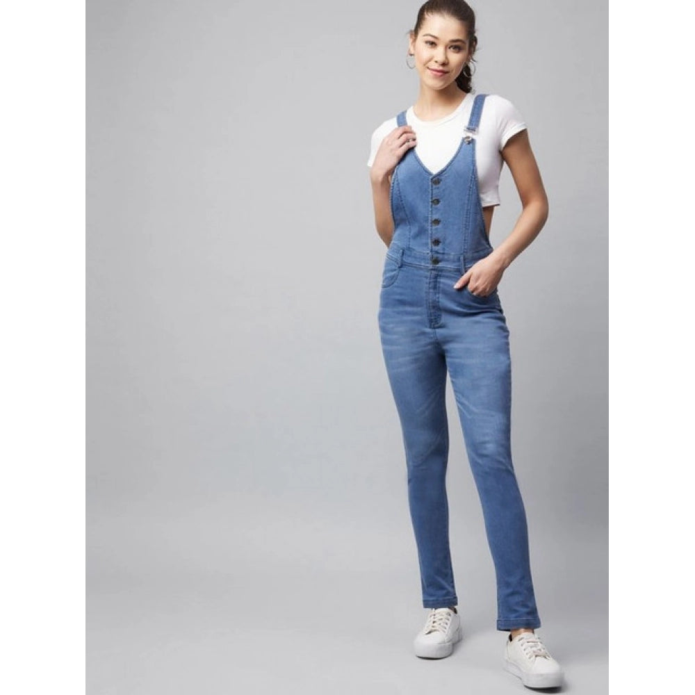 Vaystra Denim Lycra Solid Buttoned Dungaree – Ice Blue