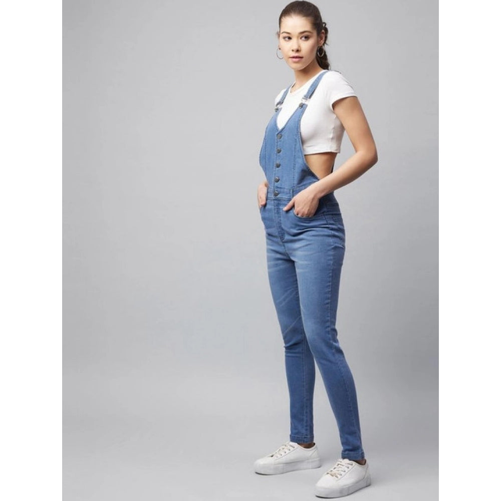 Vaystra Denim Lycra Solid Buttoned Dungaree – Ice Blue