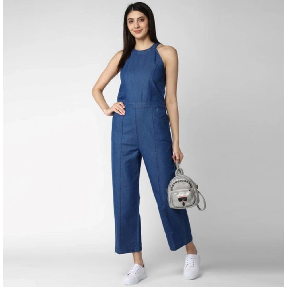 Vaystra Denim Solid Sleeveless Jumpsuit – Blue