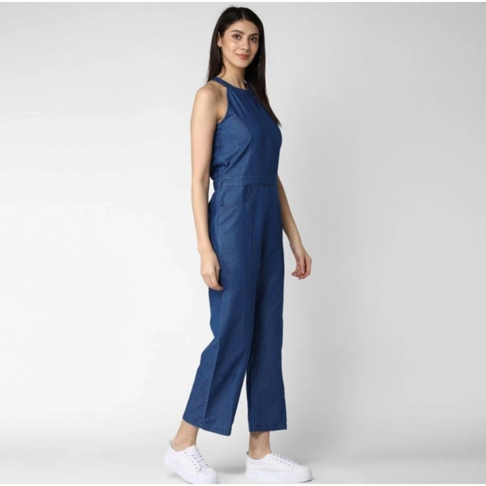 Vaystra Denim Solid Sleeveless Jumpsuit – Blue