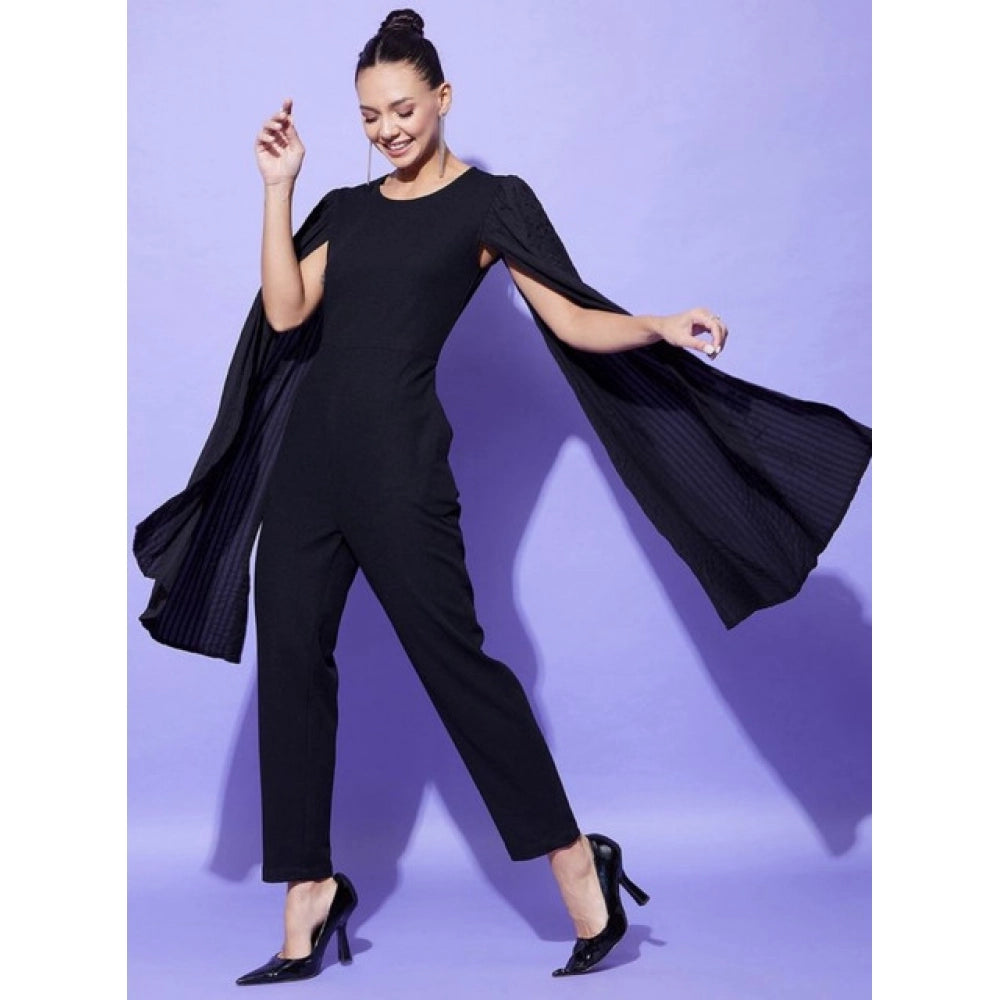 Vaystra Polyeter Solid Cape Sleeve Jumpsuit – Black