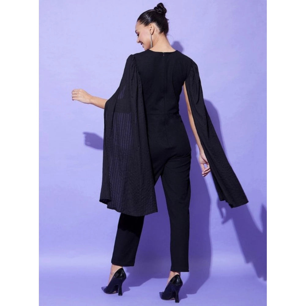 Vaystra Polyeter Solid Cape Sleeve Jumpsuit – Black