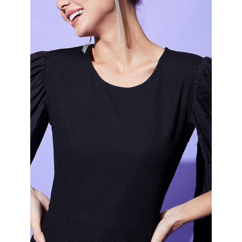 Vaystra Polyeter Solid Cape Sleeve Jumpsuit – Black