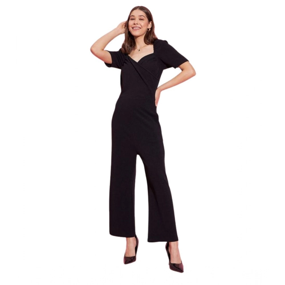 Vaystra Polyester Lycra Solid Puff Sleeve Jumpsuit – Black