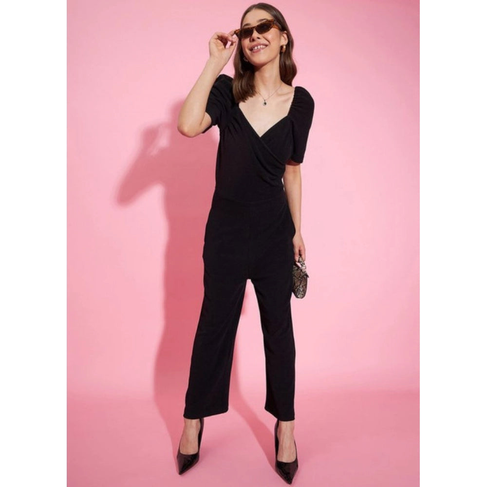 Vaystra Polyester Lycra Solid Puff Sleeve Jumpsuit – Black