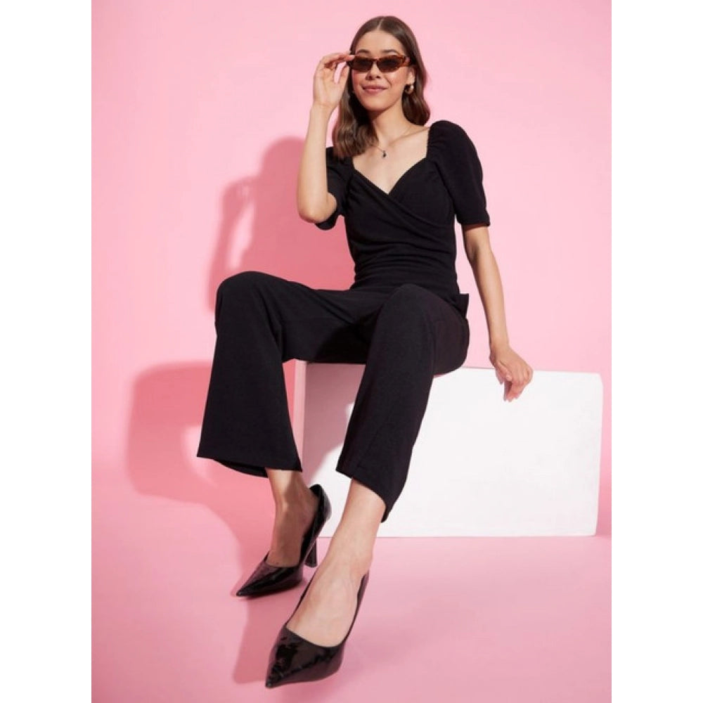 Vaystra Polyester Lycra Solid Puff Sleeve Jumpsuit – Black