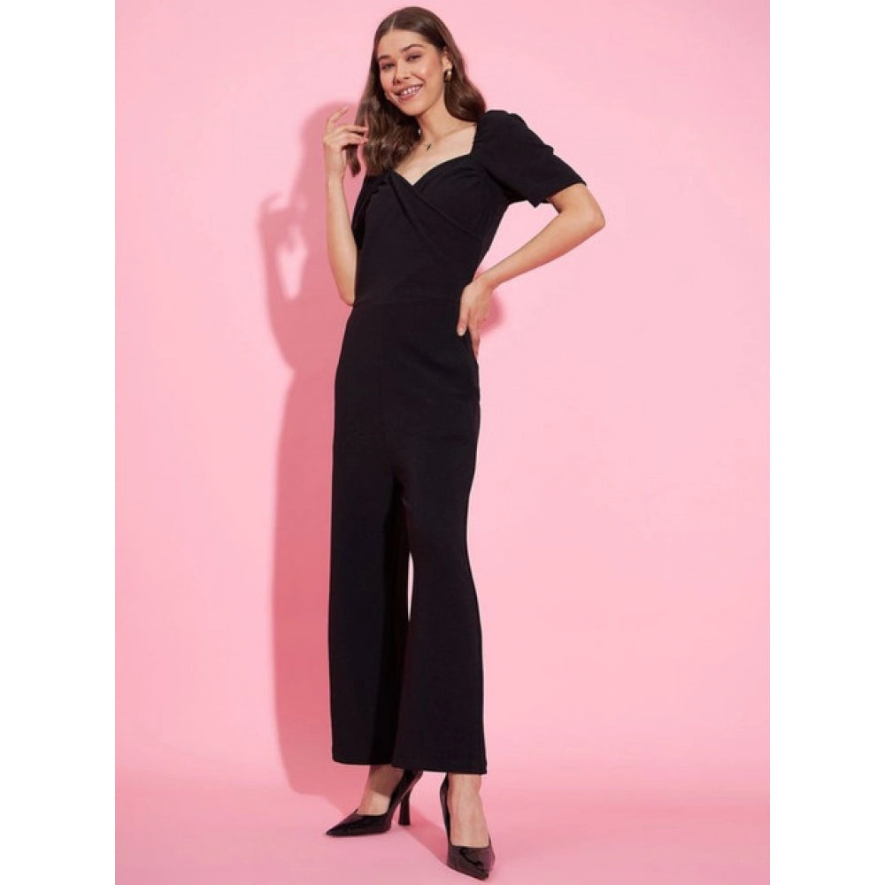 Vaystra Polyester Lycra Solid Puff Sleeve Jumpsuit – Black