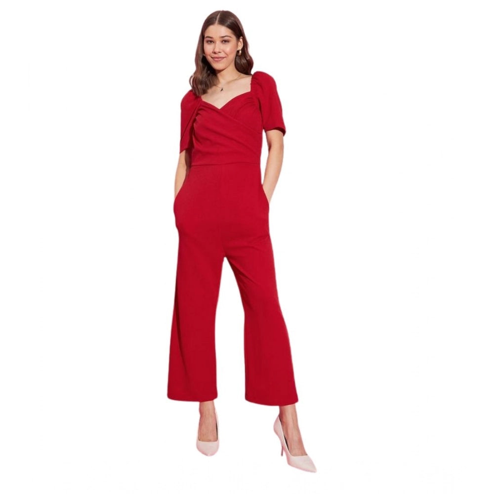 Vaystra Polyester Lycra Solid Puff Sleeve Jumpsuit – Red
