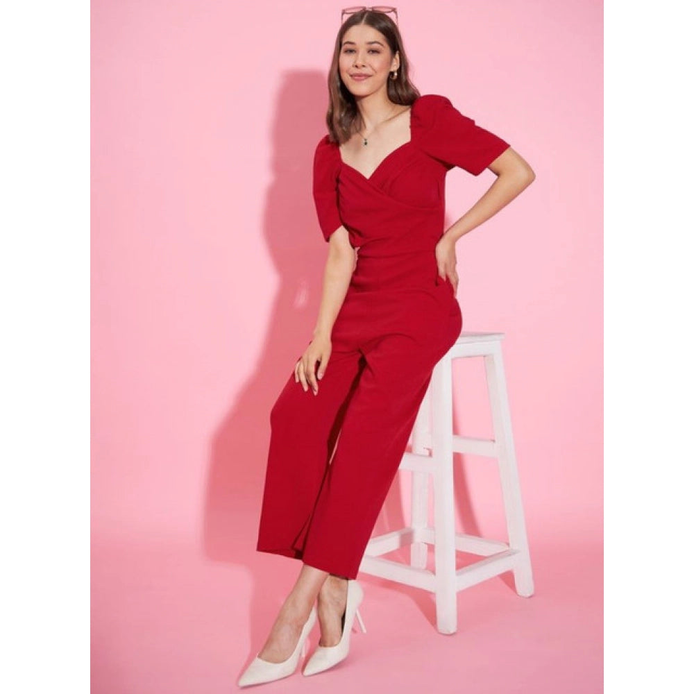 Vaystra Polyester Lycra Solid Puff Sleeve Jumpsuit – Red