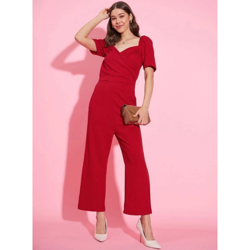 Vaystra Polyester Lycra Solid Puff Sleeve Jumpsuit – Red