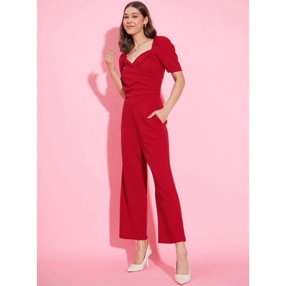 Vaystra Polyester Lycra Solid Puff Sleeve Jumpsuit – Red