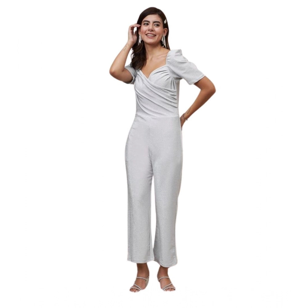 Vaystra Polyester Shimmer Self Design Short Sleeve Jumpsuit – Silver