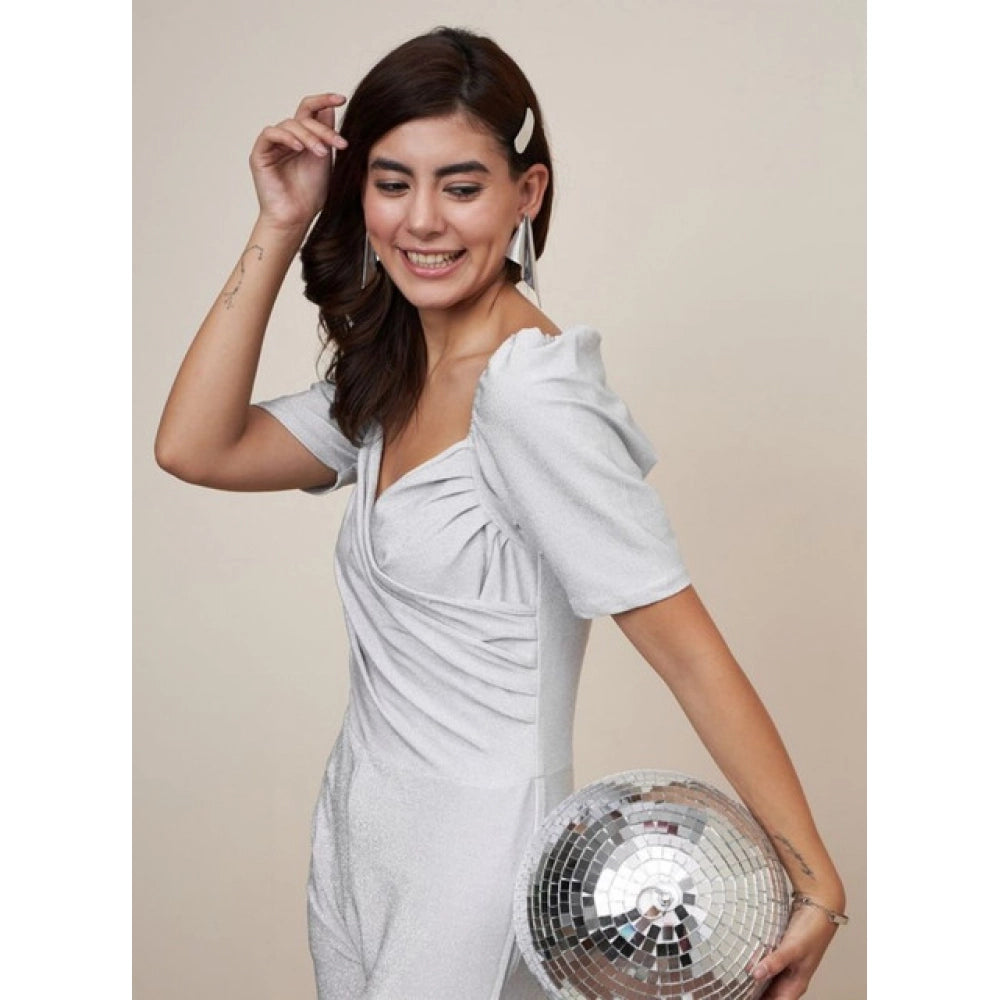 Vaystra Polyester Shimmer Self Design Short Sleeve Jumpsuit – Silver