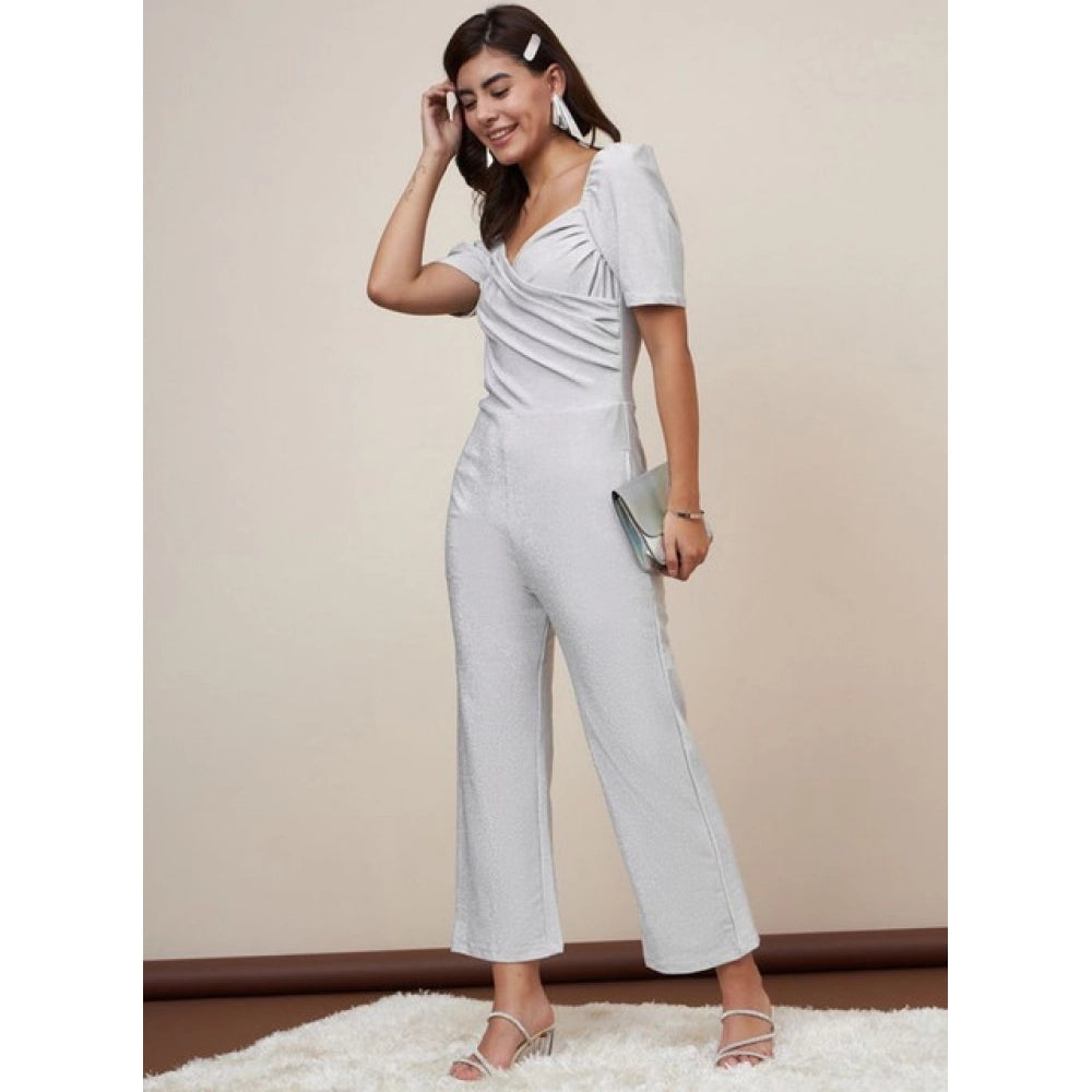 Vaystra Polyester Shimmer Self Design Short Sleeve Jumpsuit – Silver
