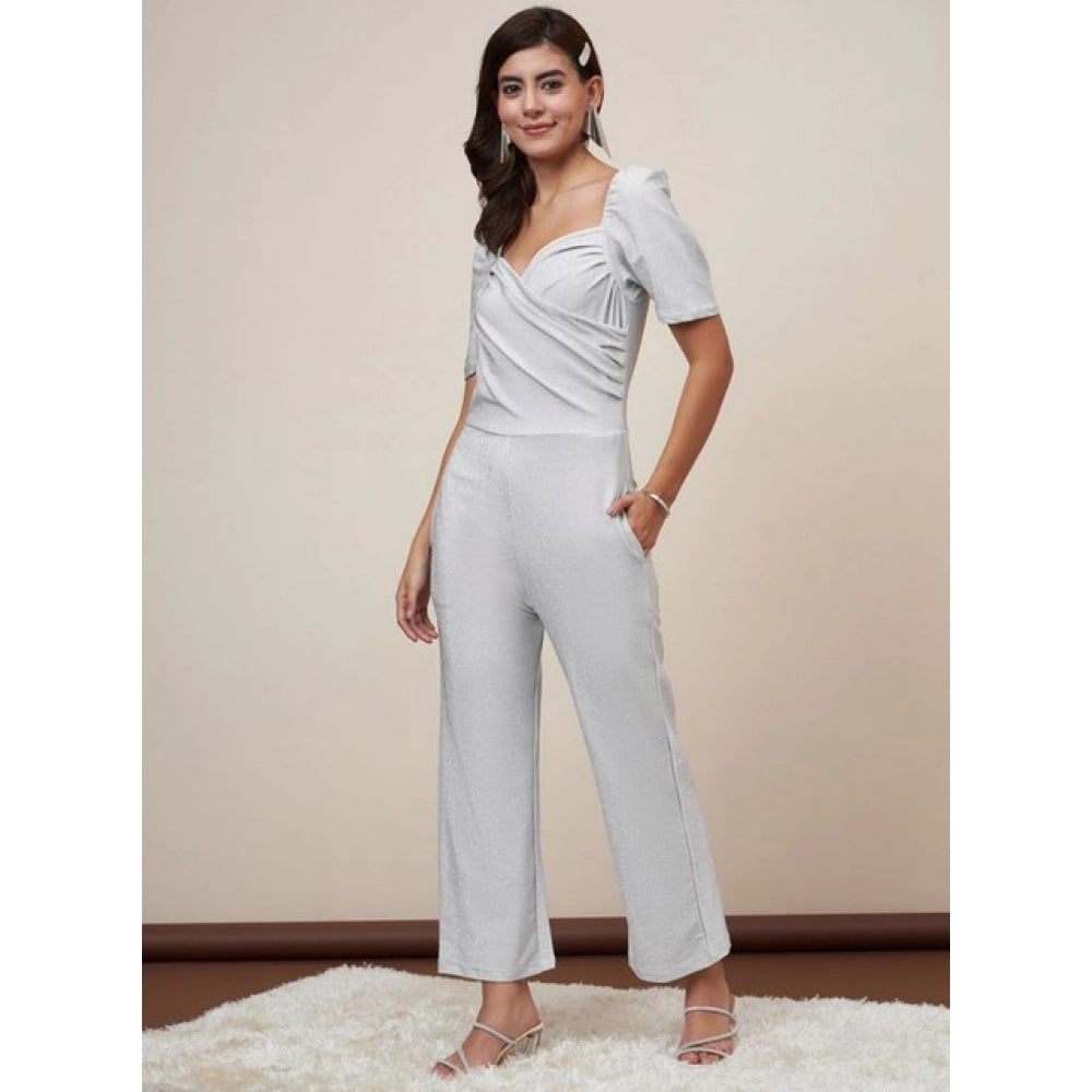 Vaystra Polyester Shimmer Self Design Short Sleeve Jumpsuit – Silver