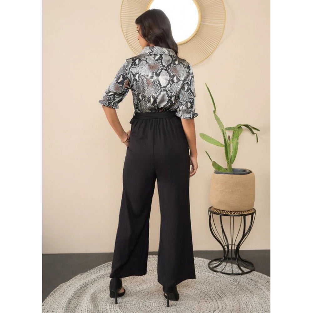 Vaystra Satin And Polyester Floral Half Sleeves Jumpsuit – Grey-Black