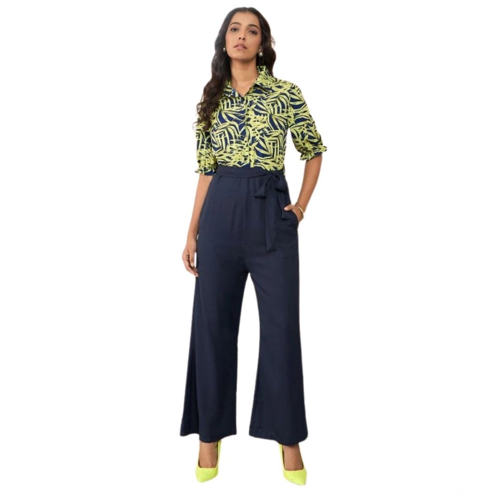 Vaystra Polyester Floral Half Sleeves Jumpsuit – Navy-Yellow