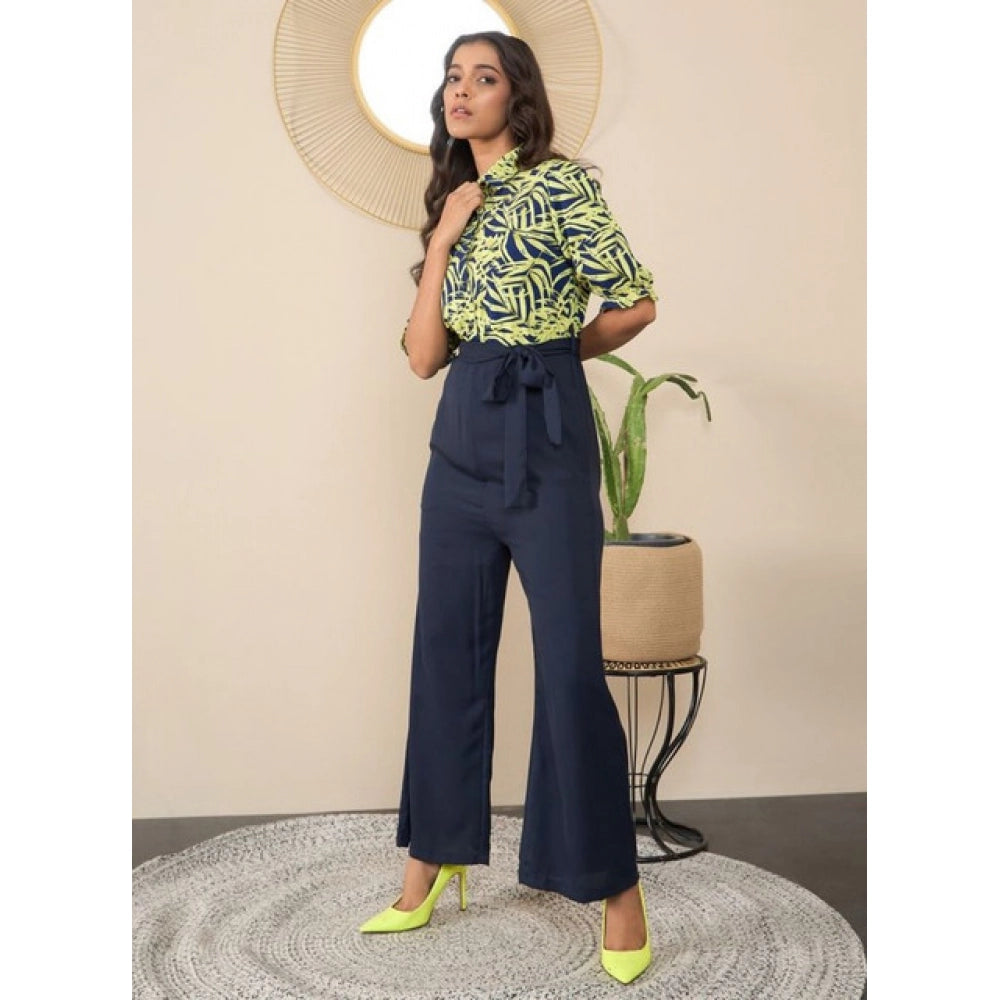 Vaystra Polyester Floral Half Sleeves Jumpsuit – Navy-Yellow